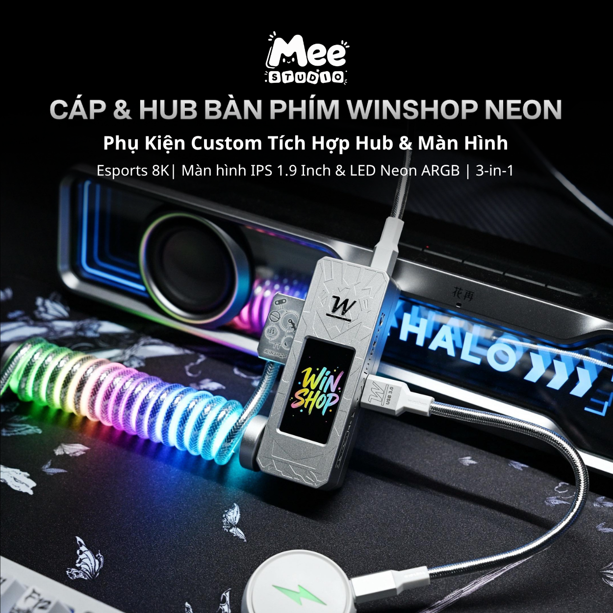 Cáp & Hub Bàn Phím WINSHOP Neon Coiled Cable | Phụ Kiện Custom Tích Hợp Hub & Màn Hình | Hỗ Trợ 8K, Màn Hình IPS 1.9", LED ARGB, Hub 1 Ra 2