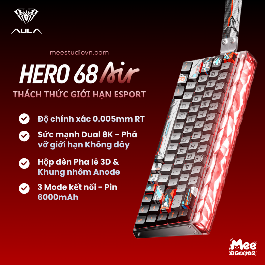 Bàn Phím Từ Tính AULA HERO 68 Air Không Dây 3 Mode Kết Nối - Polling Rate 8000Hz, Switch Hall Effect Chuyên Game FPS