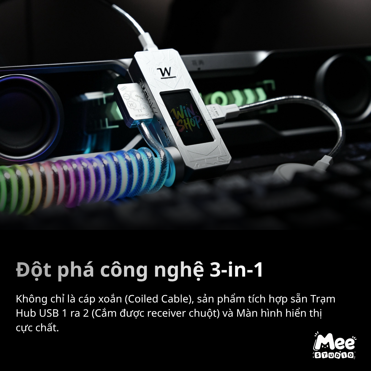 Cáp & Hub Bàn Phím WINSHOP Neon Coiled Cable | Phụ Kiện Custom Tích Hợp Hub & Màn Hình | Hỗ Trợ 8K, Màn Hình IPS 1.9", LED ARGB, Hub 1 Ra 2 - Ảnh 6