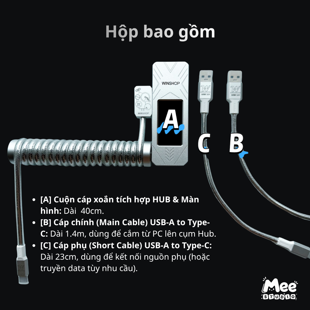 Cáp & Hub Bàn Phím WINSHOP Neon Coiled Cable | Phụ Kiện Custom Tích Hợp Hub & Màn Hình | Hỗ Trợ 8K, Màn Hình IPS 1.9", LED ARGB, Hub 1 Ra 2 - Ảnh 8