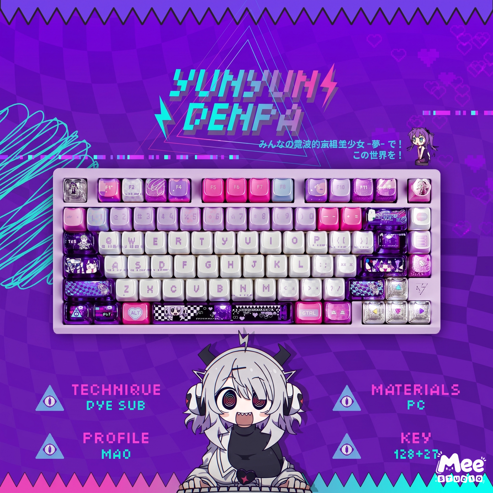 Bộ Keycap Yunyun Denpa Titan Nation | PBT Tai Mèo Xuyên LED, Profile MAO, Phong Cách Anime