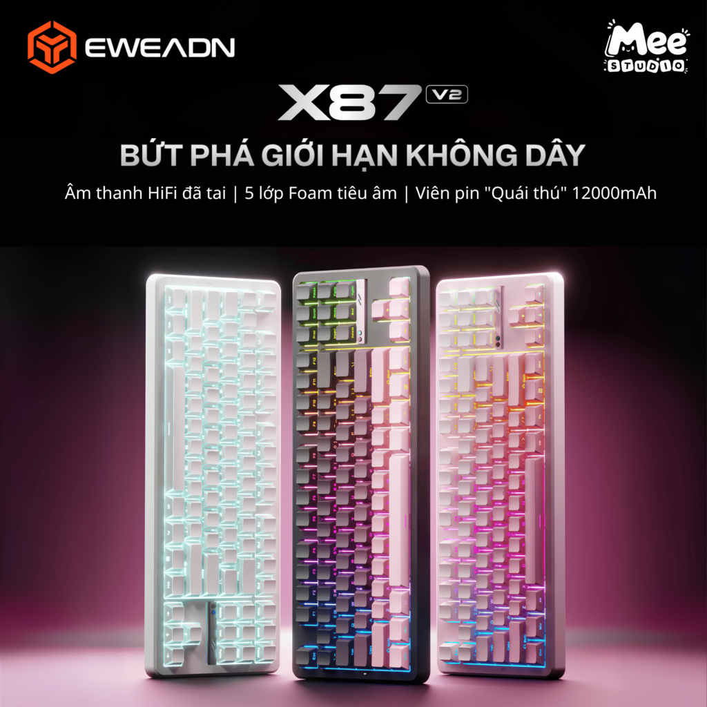 Bàn Phím Cơ Không Dây EWEADN X87 V2 | 3 Mode Kết Nối, Dual 8K Hz, Độ Trễ 0.08ms, Pin Khủng 12000mAh Chuyên Game & Văn Phòng